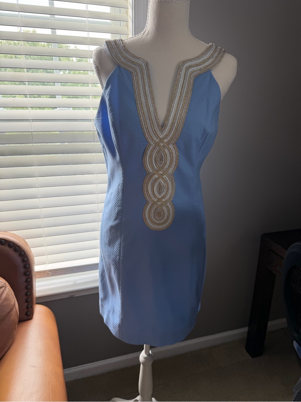 Lilly Pulitzer Light Blue Mini Dress with Gold Embellished V-Neck